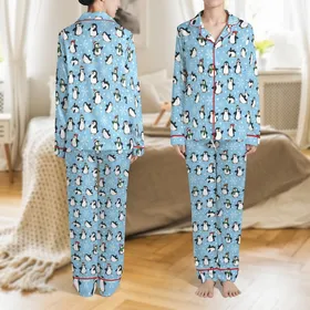 Youth Light Blue Cartoon Penguin Footed Pajamas Pattern | 2T-14 Sizes, Hood, Removable Footies, A0, Projector File Satin Pajamas Set