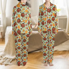 Family Fall Sleep Set: Whimsical Turkey, Pie, Apple & Acorn Autumn Print Satin Pajamas Set