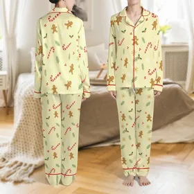Family Gingerbread Cookie & Candy Cane Pattern Loungewear: Whimsical Holiday Sleep Set Satin Pajamas Set