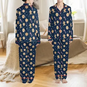 Family Holiday Comfort Set: Whimsical Gingerbread Candy Cane Navy Seamless Pattern - Soft Long Sleeve Loungewear Satin Pajamas Set