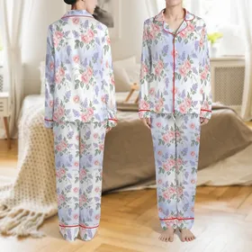 Bridesmaid Long Sleeve Loungewear Set: Hand-Painted Rosa Floral Satin Design - Blush Pink & Lavender Satin Pajamas Set