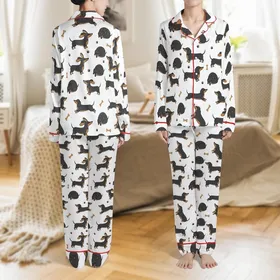 Dachshund Lover's Playful Black & Tan Wiener Dog Cartoon Pattern Cozy Pajamas Set Satin Pajamas Set