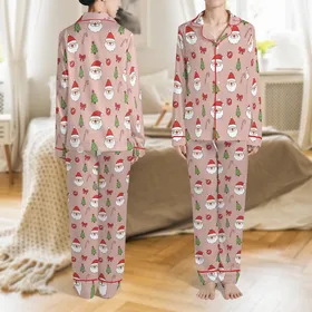 Coquette Christmas Satin Sleep Set: Blush Pink Santa Bow Candy Cane Pattern Loungewear Satin Pajamas Set