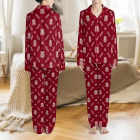 Personalized Family & Couples: Ornate Monogram & Winter Berry Crimson Christmas Loungewear Set Satin Pajamas Set