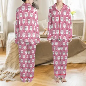 Family Matching Pink Christmas Pajamas: Whimsical Santa Faces & Snowflakes Print - Cozy Loungewear Set Satin Pajamas Set
