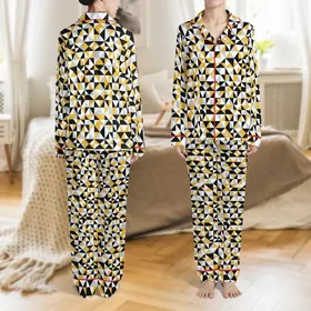 Unisex Cotton Loungewear: Zigzag Geometric Tessellation Print in Mustard & Black - Two-Piece Relaxed Set Satin Pajamas Set