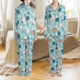 Baby Boys Girls Whimsical Turquoise Forest Fox Deer Moon Star Knit Lap Tee & Pants Sleepwear Pattern Set Satin Pajamas Set