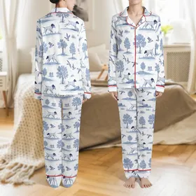 Women's Vintage Blue Toile Hunting Dog Satin Sleep Set: German Shorthaired Pointer Design Satin Pajamas Set