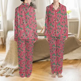 Personalized Family Name: Elegant Red Green Foliage Swirl Pattern Polyester Christmas Pajamas Set Satin Pajamas Set