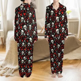 Unisex Gothic Skull & Heart Eye Pajama Bottoms: Distressed Sketch Art Print, Red Hearts, Soft Polyester Satin Pajamas Set