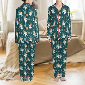 Cat Lover's Whimsical Ginger Tabby Astronaut Cats Floating Teal Space Design Satin Pajamas Set