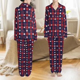 Couples' Matching King & Queen of Hearts Flannel Sleepwear, Red Navy Tartan Plaid Satin Pajamas Set
