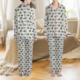 Dog's Playful Construction Vehicle 'FRIDAY' Button-Up Pajamas, Size L Satin Pajamas Set
