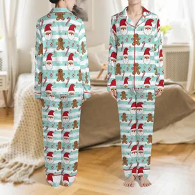 Festive Christmas Amigurumi Santa & Gingerbread Aqua Stripe Loungewear Set Satin Pajamas Set