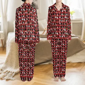 Personalized Family & Couple Christmas Loungewear: Buffalo Plaid Deer Antler Lights Design Satin Pajamas Set