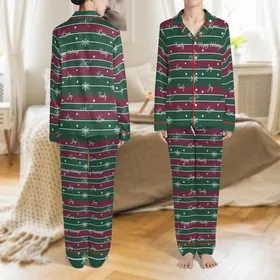 Personalized Family Christmas Satin Pajamas: Elegant Burgundy Green Stripe & Script Design Satin Pajamas Set