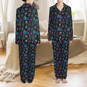 Women's Retro Neon Christmas Snowman Tree Holiday Polyester Spandex Sleep Set Satin Pajamas Set