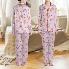 Personalized Pet Lover Pajamas: Fluffy Golden Dog, Pink Dress, Rainbow Heart Satin Set Satin Pajamas Set