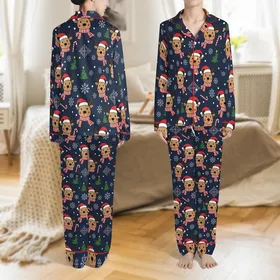 Family Holiday: Playful Reindeer & Snowflake Navy Pattern Long Sleeve Pajamas Satin Pajamas Set