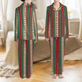 Classic Festive Stripes: Red, Green & Gold Holly Pattern - Elegant Design Print Satin Pajamas Set