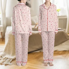 Winter Sweetheart: Playful Two-Tone Rose Candy Cane & Peppermint Pattern - Blush Pink Holiday Motif Satin Pajamas Set