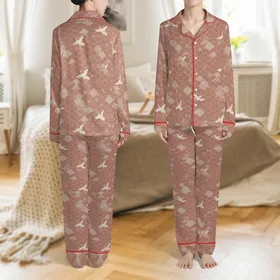 Japanese Art Lover: Terracotta-Rose Seigaiha Wave, Sakura & Crane All-Over Print Satin Pajamas Set