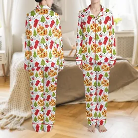 Whimsical Pizza Christmas: Hand-Drawn Holiday Food Pattern with Reindeer & Cocoa Print Satin Pajamas Set