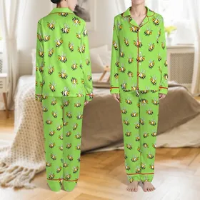 Women's Luxury Faux Silk Pajama Set: Whimsical Bee Print & Chartreuse Green Loungewear Satin Pajamas Set