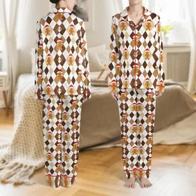 Gingerbread Family Holiday: Brown Argyle Candy Cane Pattern - Soft Long Sleeve Sleep Set Satin Pajamas Set