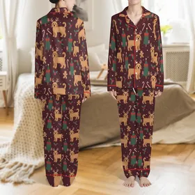 Golden Doodle Christmas Design: Whimsical Reindeer Dogs, Trees & Candy Cane Pattern Satin Pajamas Set