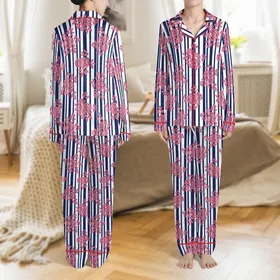 Women's Hand Block Printed Cotton Pajama Set: Navy Stripe & Pink Floral Motif Satin Pajamas Set