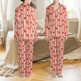 Bridesmaid Muted Salmon Pink Hand Block Print Rustic Stripe Heart Cotton Pajama Set Satin Pajamas Set