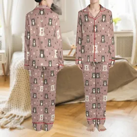 Cozy Bear Lover: Dusty Rose Taupe Whimsical Cartoon Bear Paw Print Comfort Wear Satin Pajamas Set