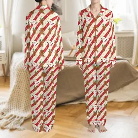 Whimsical Holiday Design: Cream Candy Cane Stripe Reindeer Santa Gingerbread All-Over Print Satin Pajamas Set
