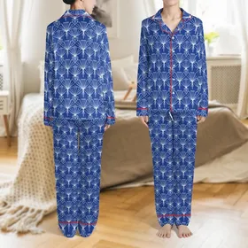 Art Deco Enthusiasts' Rich Royal Blue Elegant Abstract Geometric Seamless Pattern with White Fan Arch Motifs Satin Pajamas Set