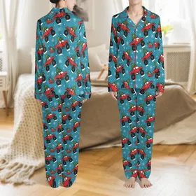 Christmas Monster Truck Pattern: Playful Teal Design with Red Trucks, Trees, & Sleighs Satin Pajamas Set