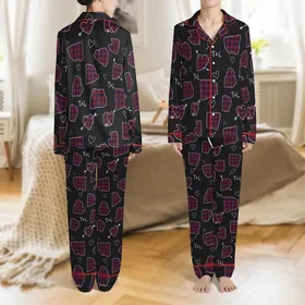Romantic Aesthetic Black Plaid: Sketched Hearts, Arrows, T&L Initials All-Over Motif Satin Pajamas Set