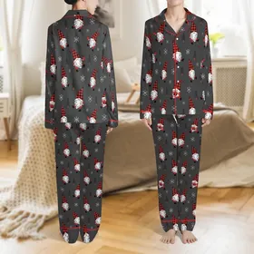 Whimsical Gnome Fan: Buffalo Plaid Gnomes, Snowflakes & Evergreen Dark Charcoal Allover Print Satin Pajamas Set