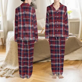 Hubby Wifey Matching Pajamas: Navy Tartan Cotton Flannel Couples Sleep Set Satin Pajamas Set