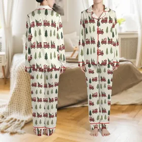 Family Christmas Train Pattern: Crimson Woodland Animals & Presents – Rustic Holiday Art Satin Pajamas Set