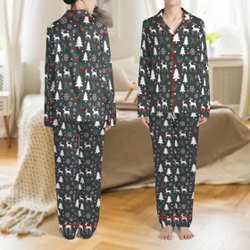 Family & Couple Matching Holiday Sleepwear: Charcoal Christmas Tree Snowflake Reindeer Bamboo Viscose Set Satin Pajamas Set