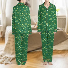 Kids' Cozy Bamboo Viscose Sleepwear: Forest Green Star & Bow Dot Pattern Satin Pajamas Set