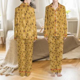 Bridal Party Golden Monogram Satin Sleep Ensemble: Serif Initial Letter Pattern Satin Pajamas Set