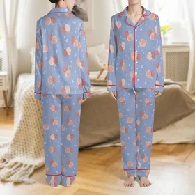 Women's Personalized Bridesmaid Satin Pajamas: Periwinkle Blue Rose & Gold Foliage Pattern Satin Pajamas Set