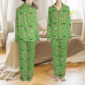 Funny Family Christmas Pajamas Set: Playful Elf Belt & Peppermint Candy Kelly Green Print Satin Pajamas Set