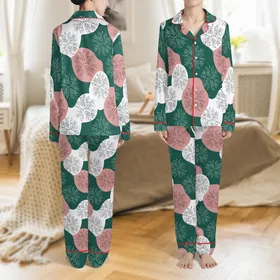 Elegant Botanical Swirl Pattern: Emerald Green, Rose Pink, White Line Art Satin Pajamas Set