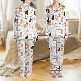 Pomeranian Mom's Realistic Dogs, Pink Peonies, Roses & Loving Print Wearable Satin Pajamas Set