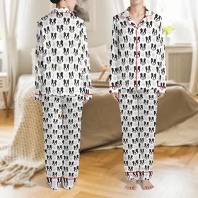 Women's Border Collie Pajamas: Black & White Dog Heads, Pink Tongues & Paw Prints Sleep Set Satin Pajamas Set