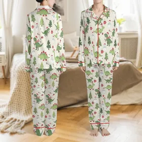 Family Matching Funny T-Rex Santa, Snowmen & Tree Christmas Spandex Sleep Set Satin Pajamas Set