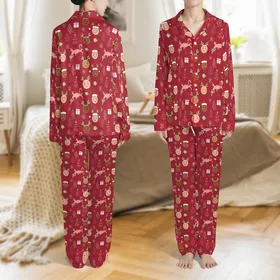Personalized Photo Christmas Sleep Bottoms: Red Flat Graphic Faces, Holiday Motifs & Drawstring Loungewear Satin Pajamas Set